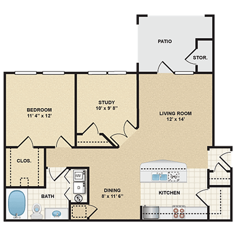 Floor plan for 1 bed, 1 bath, 892 sqft