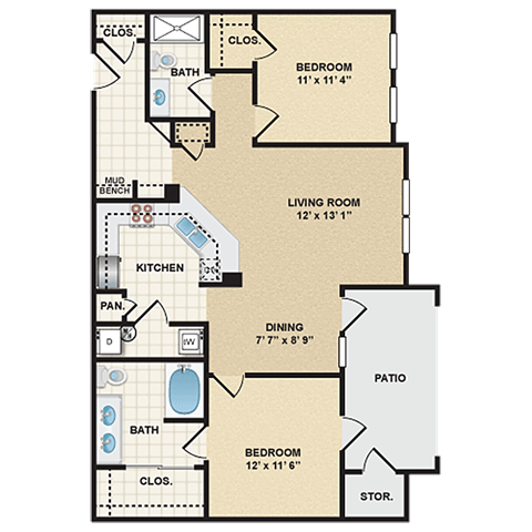 Floor plan for 2 beds, 2 baths, 1068 sqft