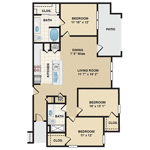 Floor plan for 3 beds, 2 baths, 1301 sqft