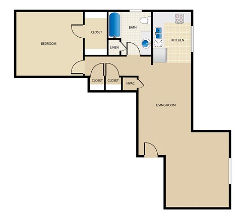 Floor plan for 1 bed, 1 bath, 765 sqft