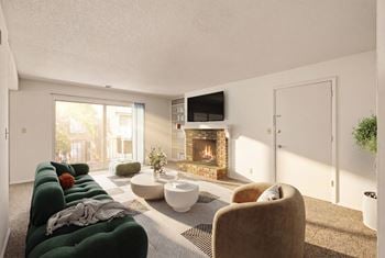 Spacious living room with fireplace & balcony access