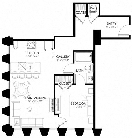 Floor plan for 1 bed, 1 bath, 756 sqft