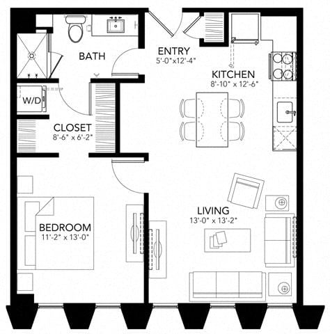 Floor plan for 1 bed, 1 bath, 646 sqft