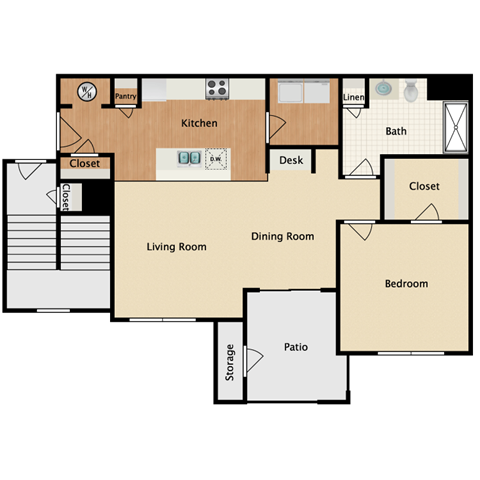 Floor plan for 1 bed, 1 bath, 704 sqft