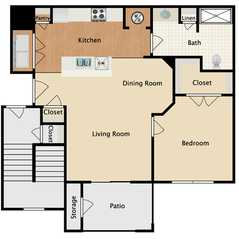Floor plan for 1 bed, 1 bath, 704 sqft