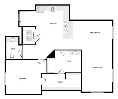 Floor plan for 1 bed, 1 bath, 1036 sqft