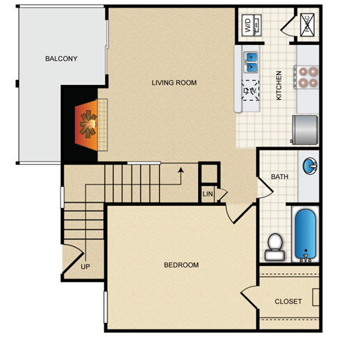 Floor plan for 1 bed, 1 bath, 649 sqft