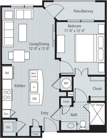 Floor plan for 1 bed, 1 bath, 657 sqft