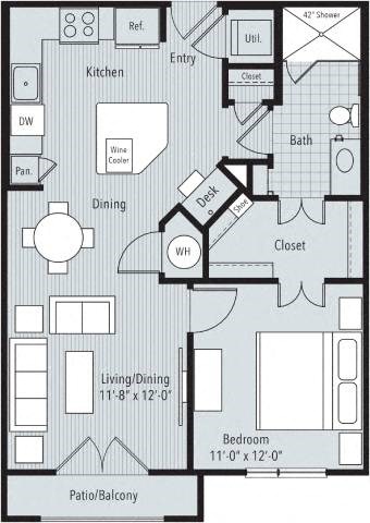 Floor plan for 1 bed, 1 bath, 722 sqft
