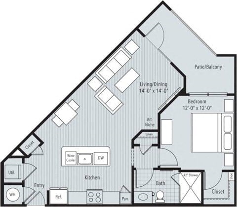 Floor plan for 1 bed, 1 bath, 745 sqft