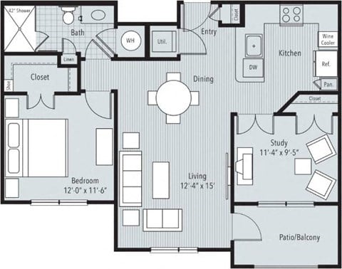 Floor plan for 1 bed, 1 bath, 860 sqft