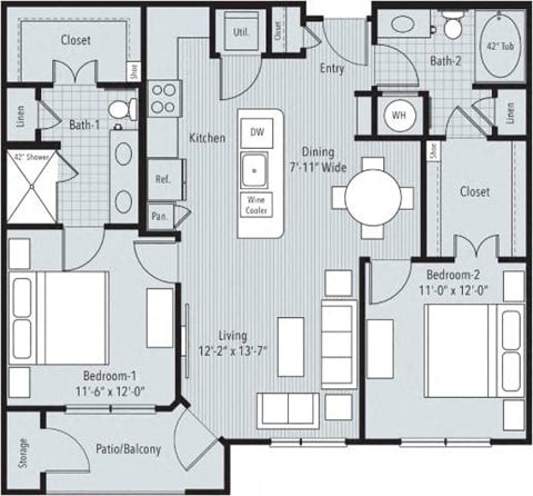 Floor plan for 2 beds, 2 baths, 1038 sqft