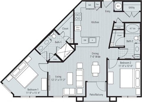 Floor plan for 2 beds, 2 baths, 1088 sqft