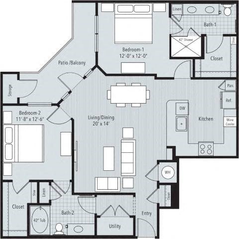 Floor plan for 2 beds, 2 baths, 1180 sqft