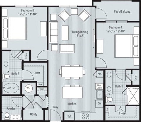 Floor plan for 2 beds, 2.5 baths, 1179 sqft