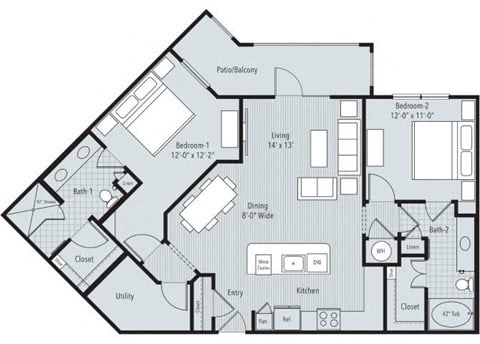 Floor plan for 2 beds, 2 baths, 1203 sqft