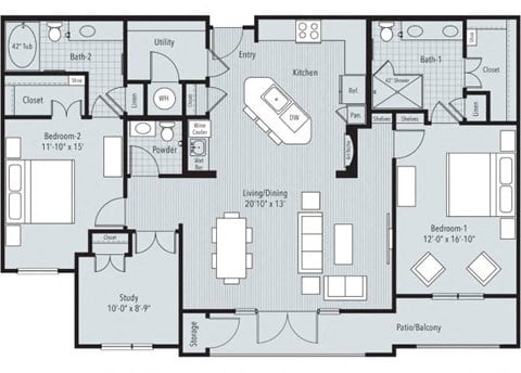 Floor plan for 2 beds, 2.5 baths, 1504 sqft