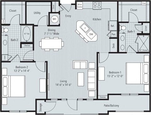Floor plan for 2 beds, 2 baths, 1317 sqft