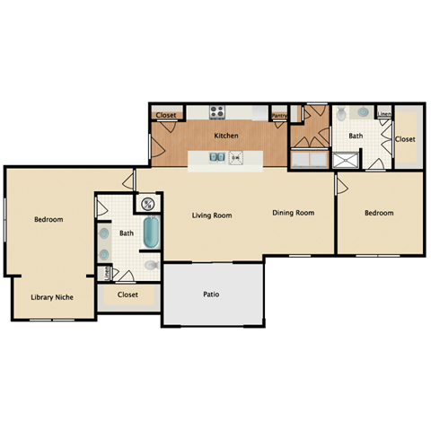 Floor plan for 2 beds, 2 baths, 1372 sqft