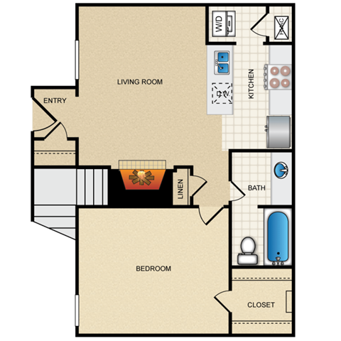 Floor plan for 1 bed, 1 bath, 595 sqft
