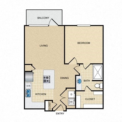 Floor plan for 1 bed, 1 bath, 673 sqft