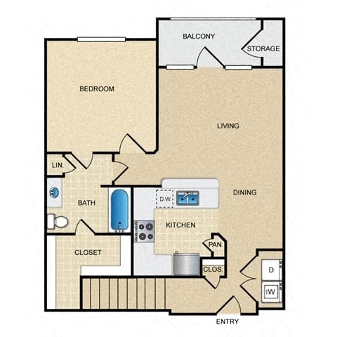 Floor plan for 1 bed, 1 bath, 808 sqft