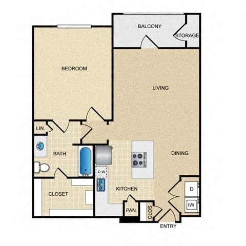 Floor plan for 1 bed, 1 bath, 793 sqft