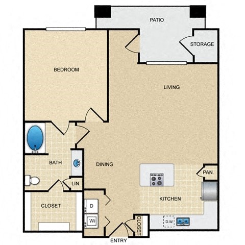Floor plan for 1 bed, 1 bath, 893 sqft