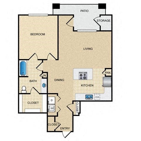 Floor plan for 1 bed, 1 bath, 910 sqft