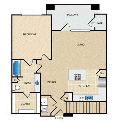 Floor plan for 1 bed, 1 bath, 867 sqft