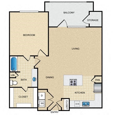 Floor plan for 1 bed, 1 bath, 869 sqft