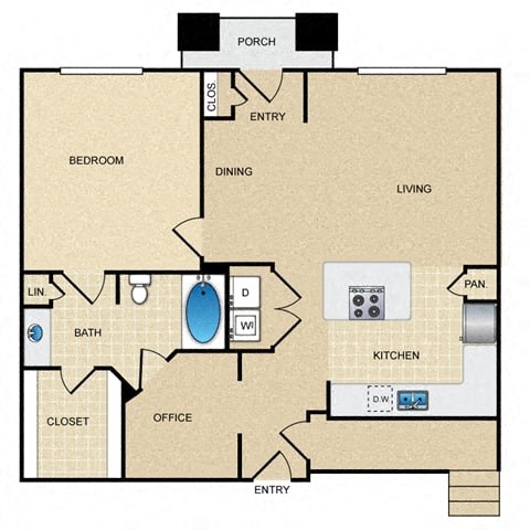 Floor plan for 1 bed, 1 bath, 912 sqft