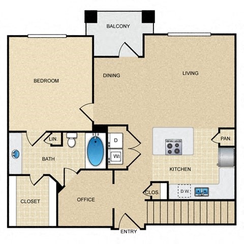 Floor plan for 1 bed, 1 bath, 912 sqft
