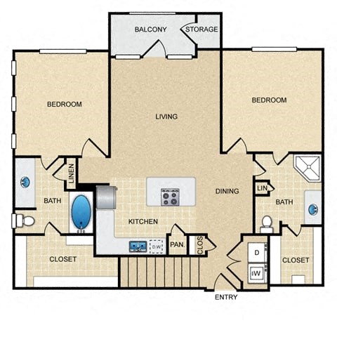 Floor plan for 2 beds, 2 baths, 1080 sqft
