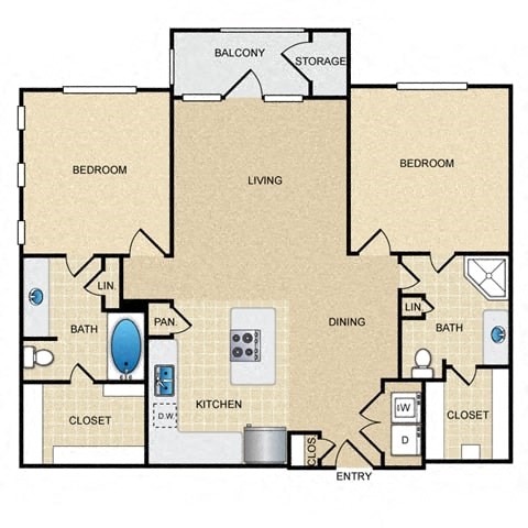 Floor plan for 2 beds, 2 baths, 1066 sqft