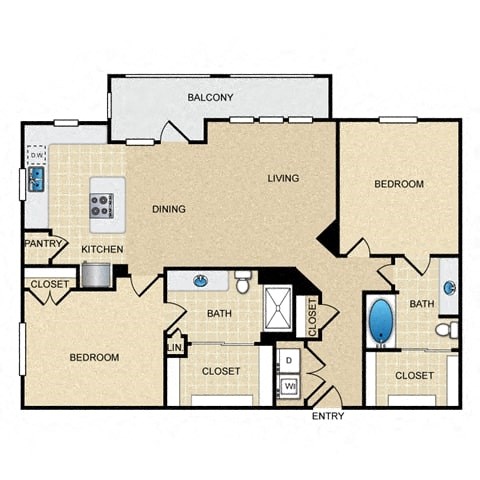 Floor plan for 2 beds, 2 baths, 1199 sqft