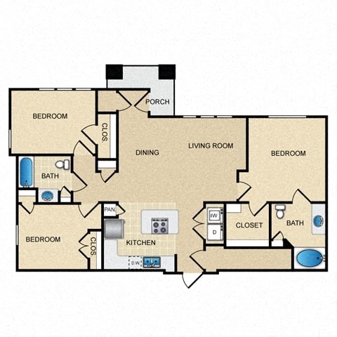 Floor plan for 3 beds, 2 baths, 1377 sqft