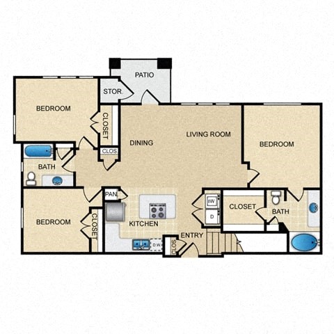 Floor plan for 3 beds, 2 baths, 1394 sqft