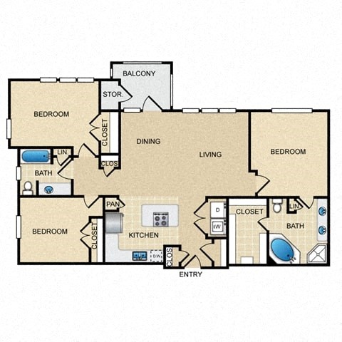 Floor plan for 3 beds, 2 baths, 1377 sqft