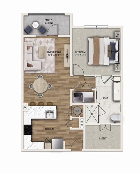 Floor plan for 1 bed, 1 bath, 873 sqft