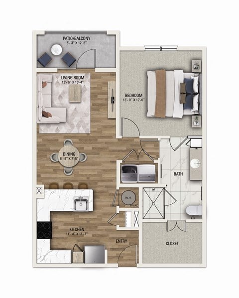 Floor plan for 1 bed, 1 bath, 885 sqft