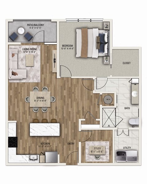 Floor plan for 1 bed, 1 bath, 1142 sqft