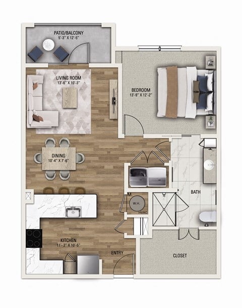 Floor plan for 1 bed, 1 bath, 933 sqft