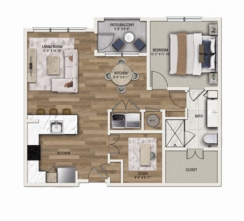 Floor plan for 1 bed, 1 bath, 964 sqft