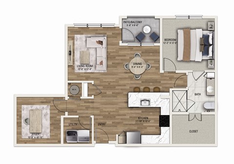 Floor plan for 1 bed, 1 bath, 1104 sqft