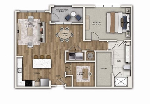 Floor plan for 1 bed, 1 bath, 1165 sqft