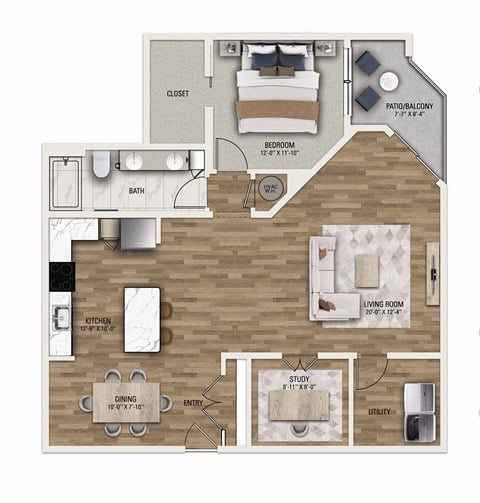 Floor plan for 1 bed, 1 bath, 1215 sqft