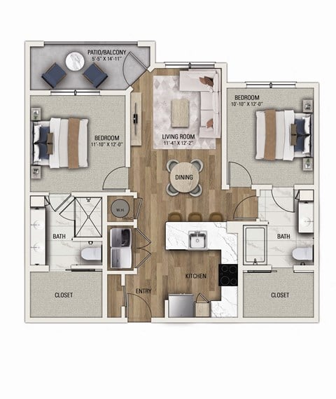 Floor plan for 2 beds, 2 baths, 1069 sqft