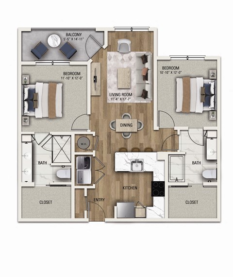Floor plan for 2 beds, 2 baths, 1094 sqft