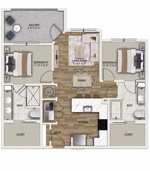 Floor plan for 2 beds, 2 baths, 1069 sqft